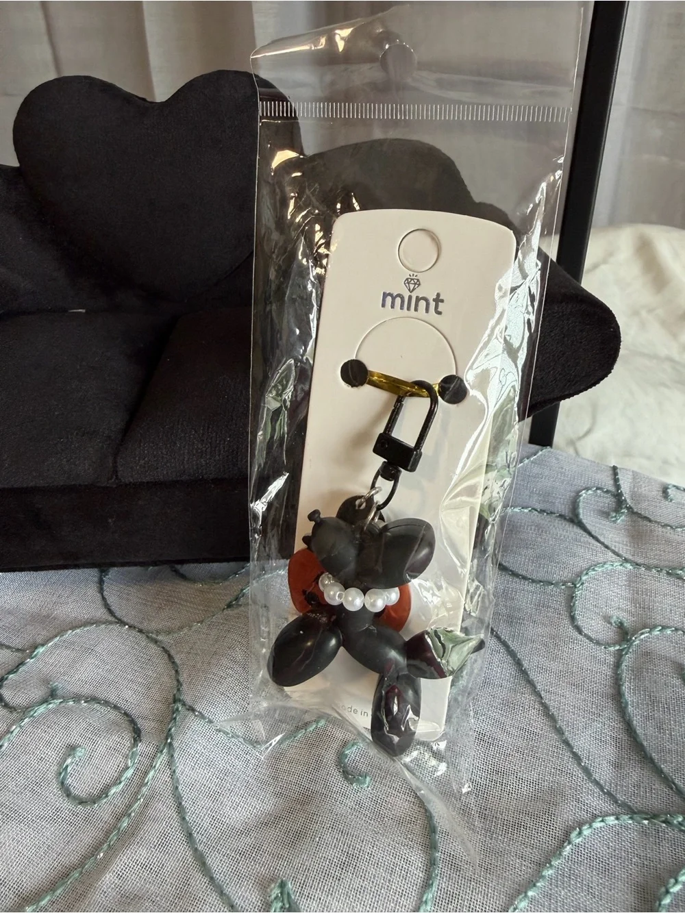 Mint Black Balloon Dog Keychain with Pearl Collar and Orange Pumpkin Charm
